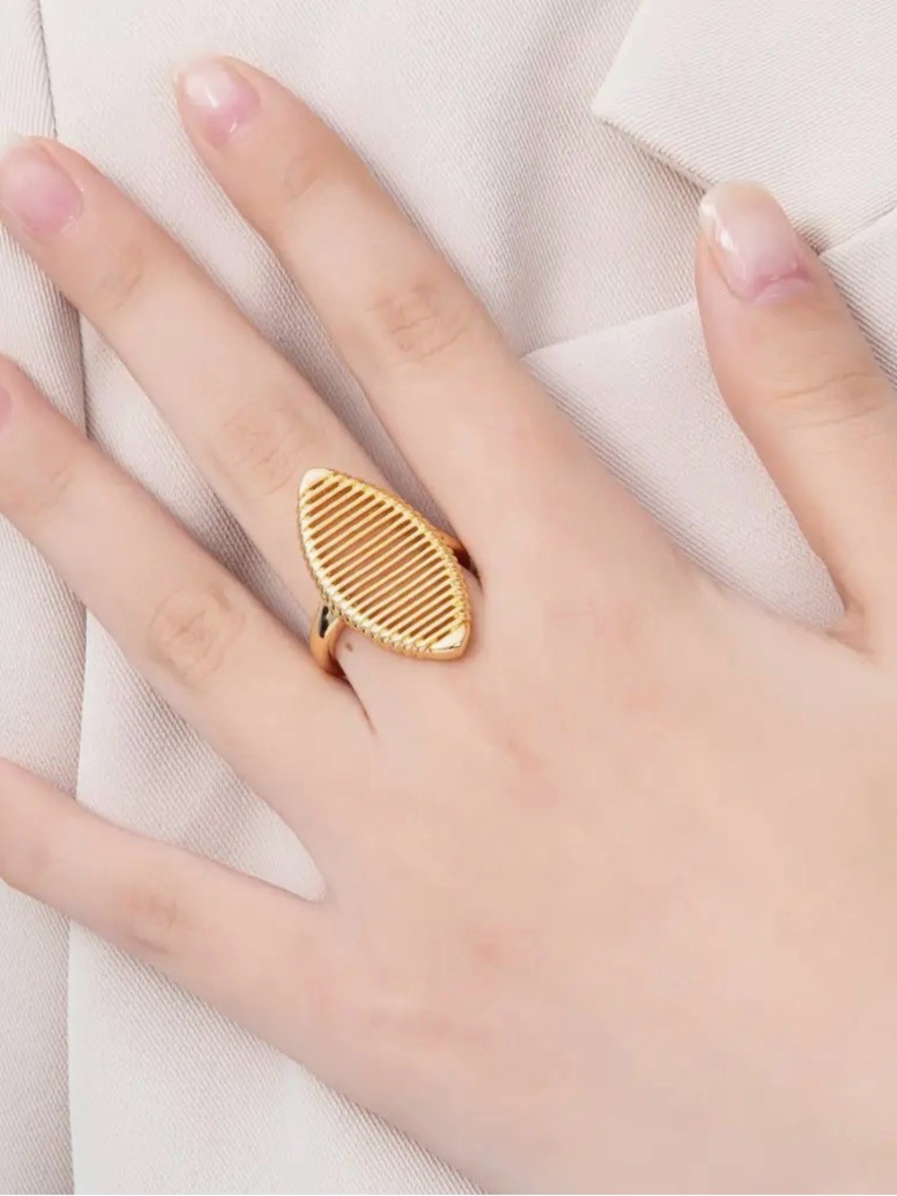 18K Gold Filled Open Linear Lined
Navette Geometric Ring - Picture 2 of 4